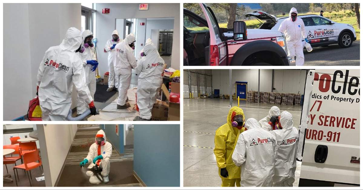 Four images of PuroClean workers in hazard suits cleaning during COVID-19.