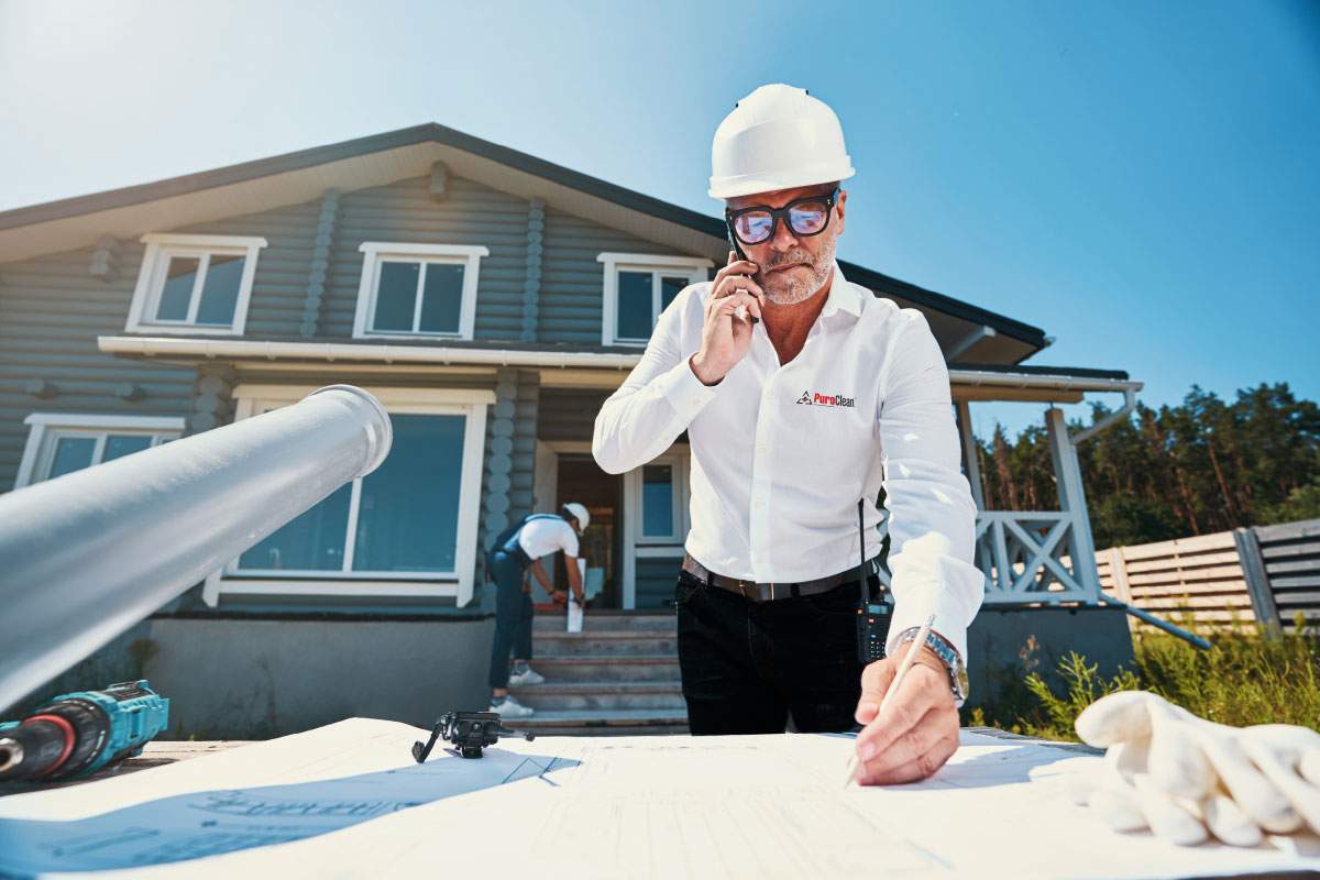 man on the phone with a hard hat at a job