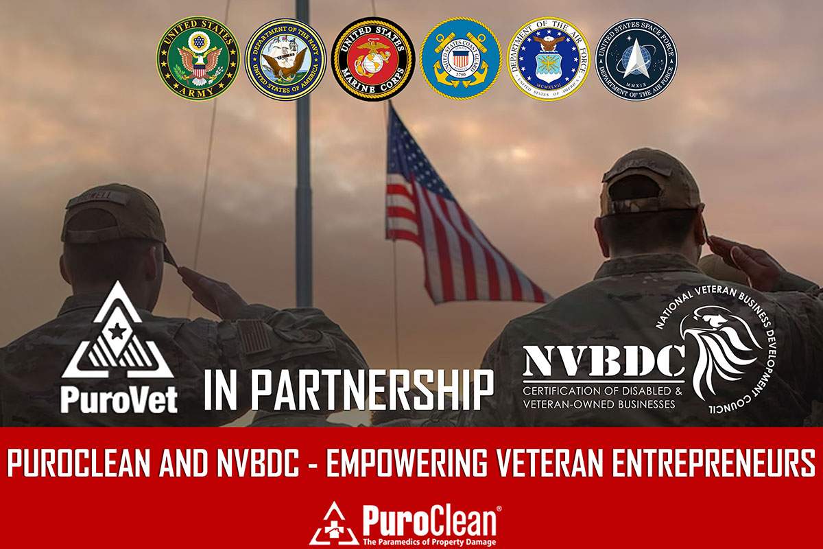 Two soldiers salute a flag. PuroVet in partnership with NVBDC (National Veteran Business Development Council)