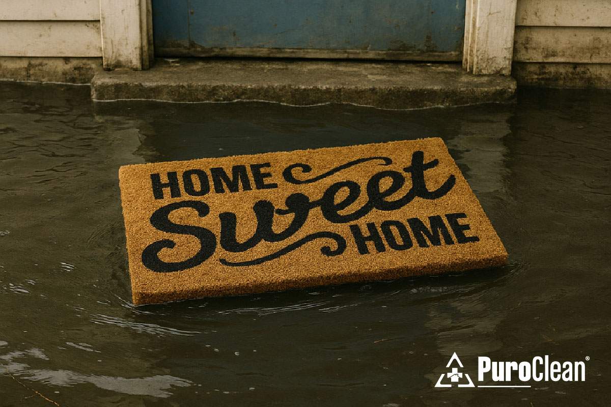 image of door mat in water, says "Home Sweet Home"