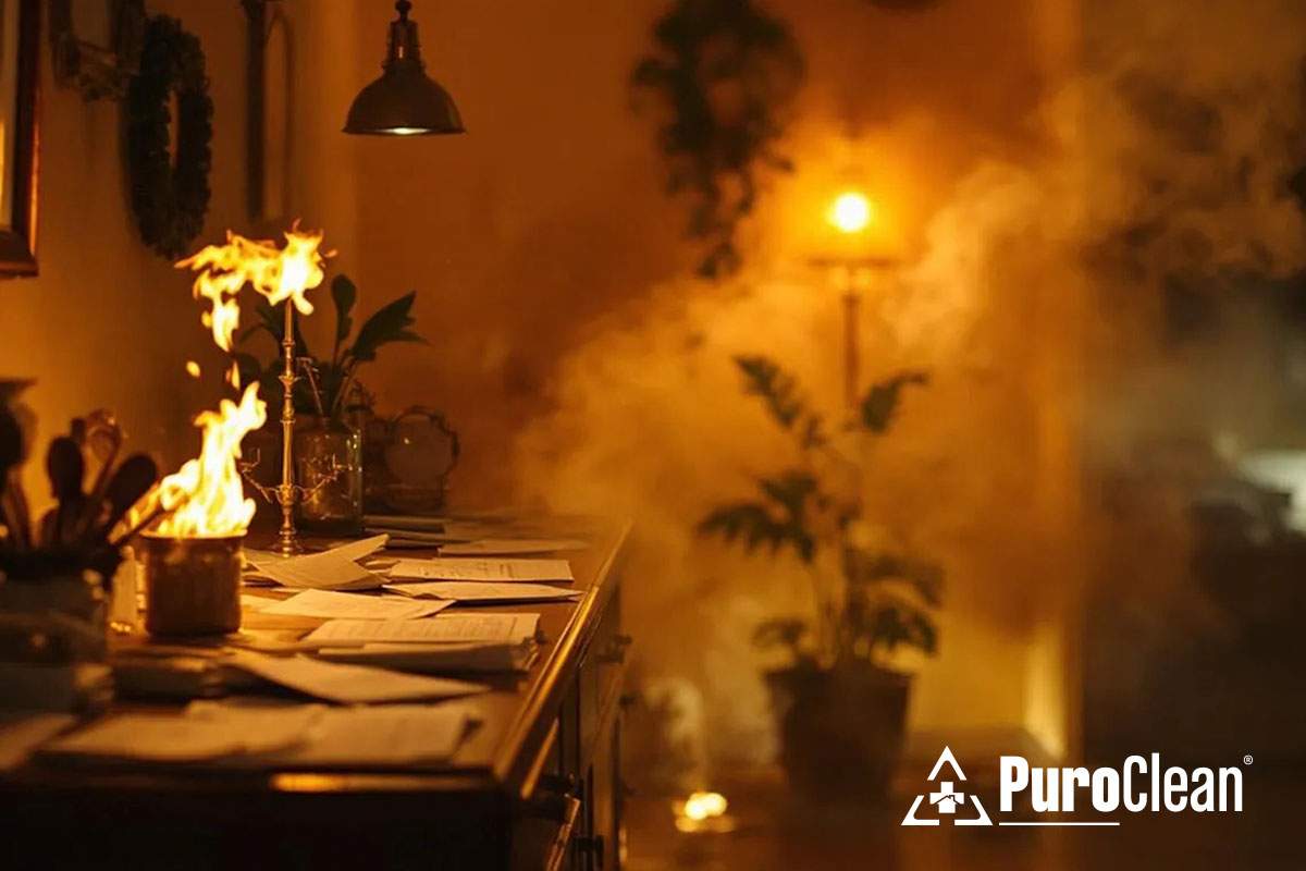 A room filled with smoke and flame