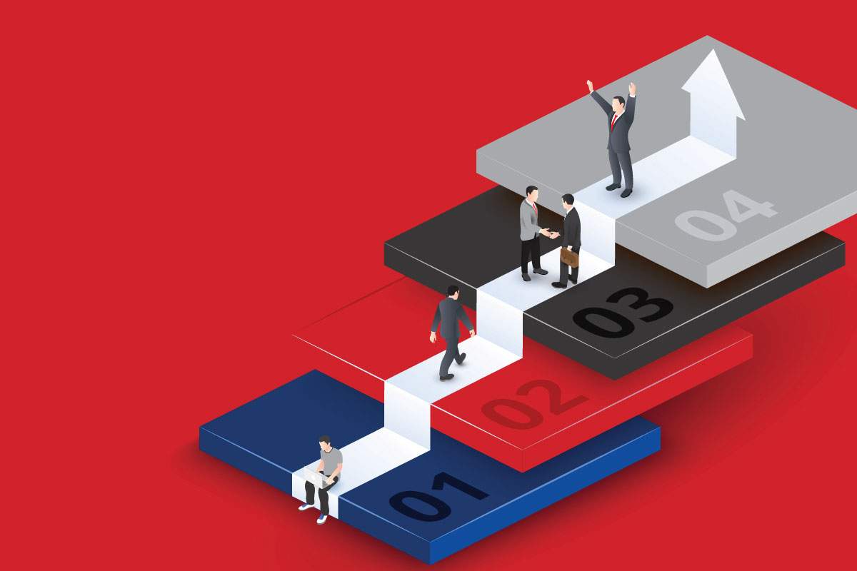 illustration of diverse business people ascending stairs