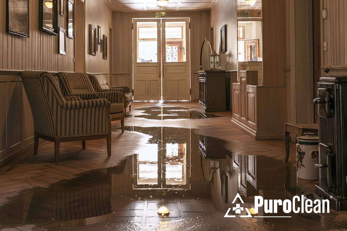 A flooded hallway with water covering the floor