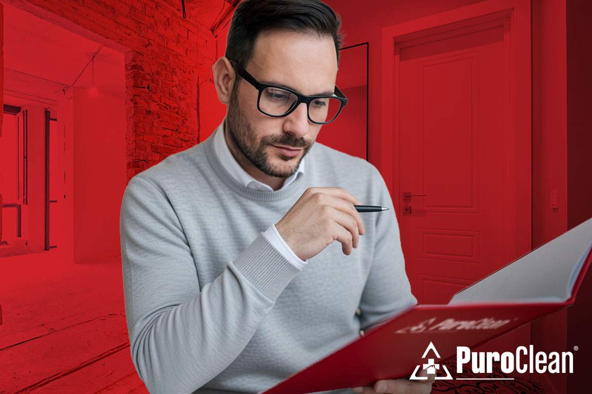 A man wearing glasses is intently reading a red book.