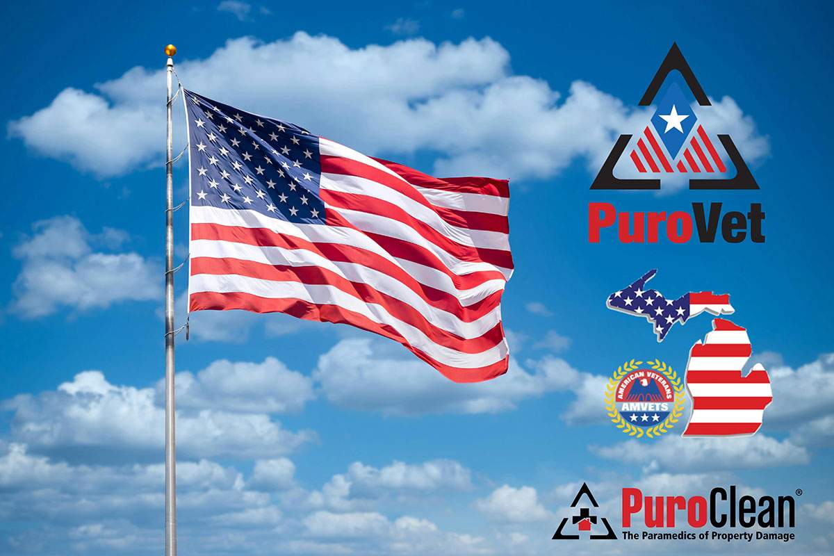 American flag flanked by PuroVet and PuroClean logos