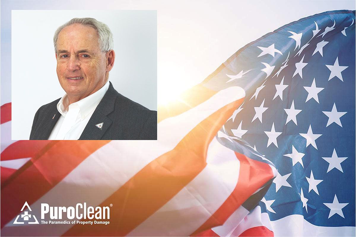 PuroClean's Director of Standards and Performance, Will Southcombe; American flag background