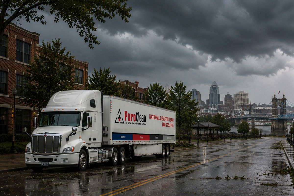 PuroClean truck in stormy weather.