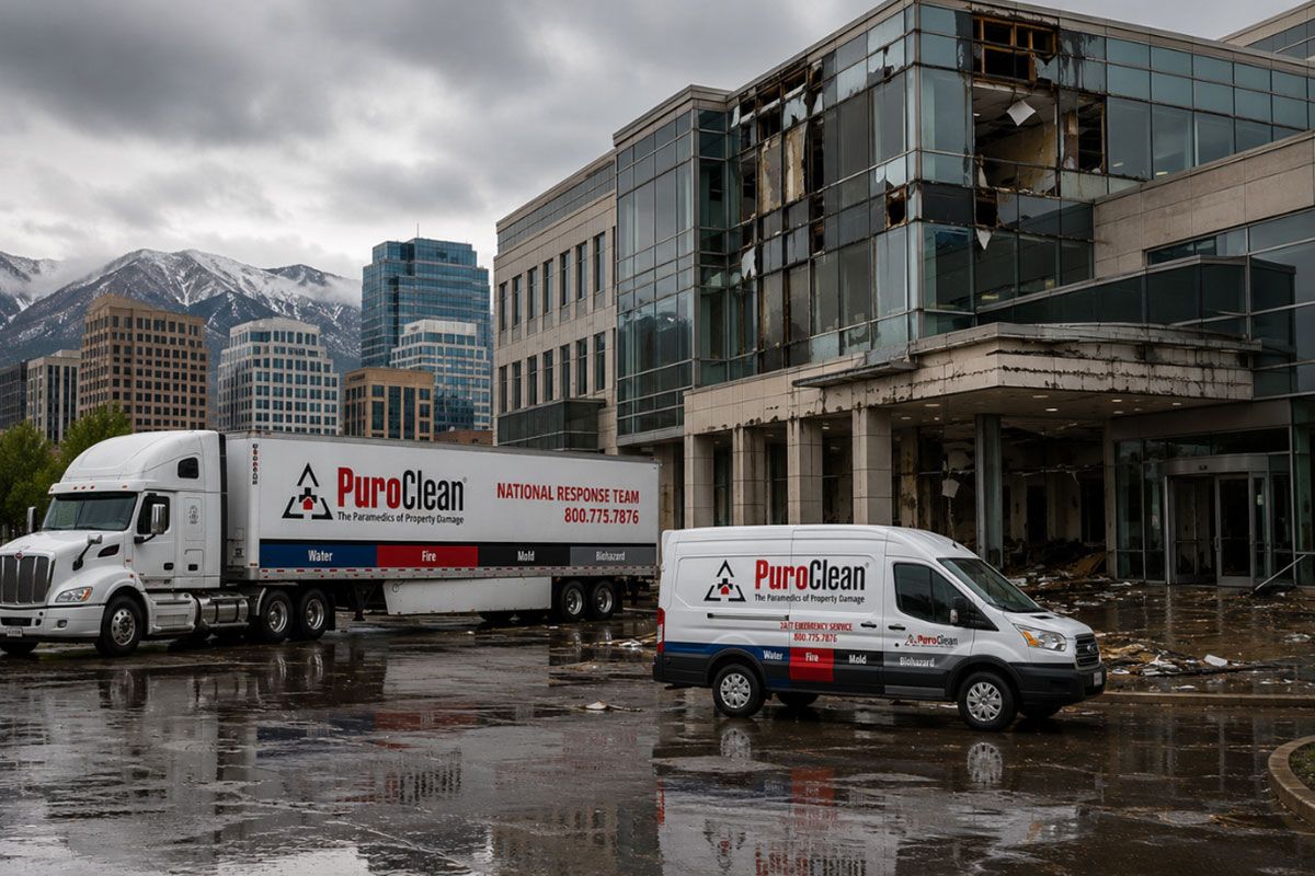 PuroClean truck and van by destroyed building